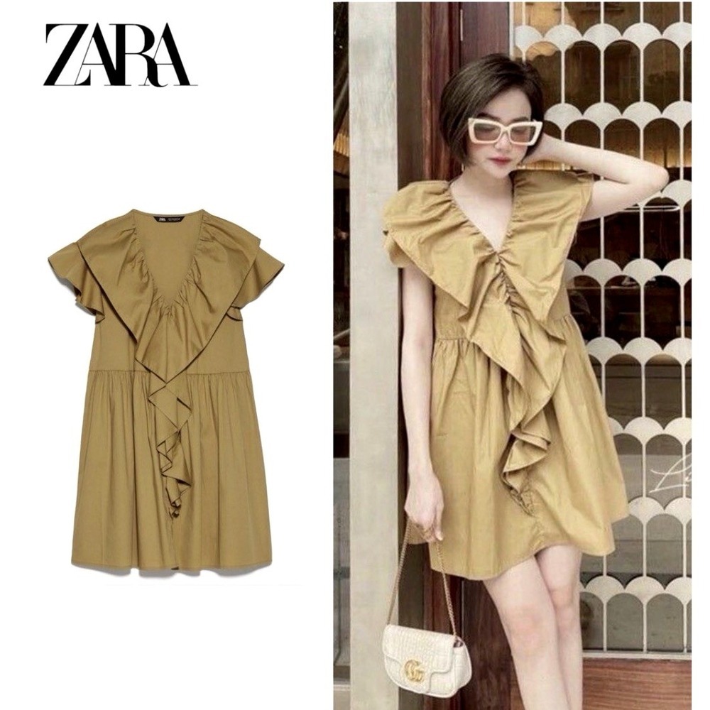NEW! Zara Flounce Ruffle V-Neck Poplin Mini Dress Olive Green SZ M